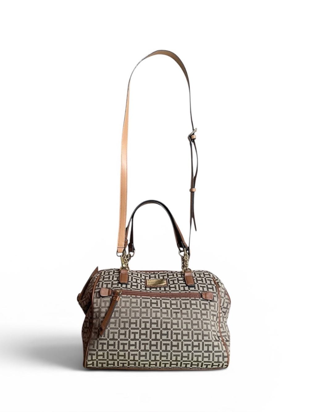 Tommy Hilfiger Signature Pattern Brown Satchel Tote Handbag Crossbody Bag